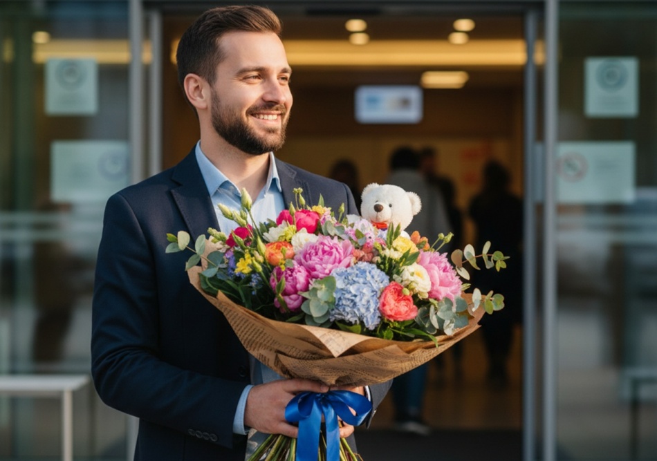 Житель Кызылорды бесплатно встречает мам из роддома с цветами и музыкой
